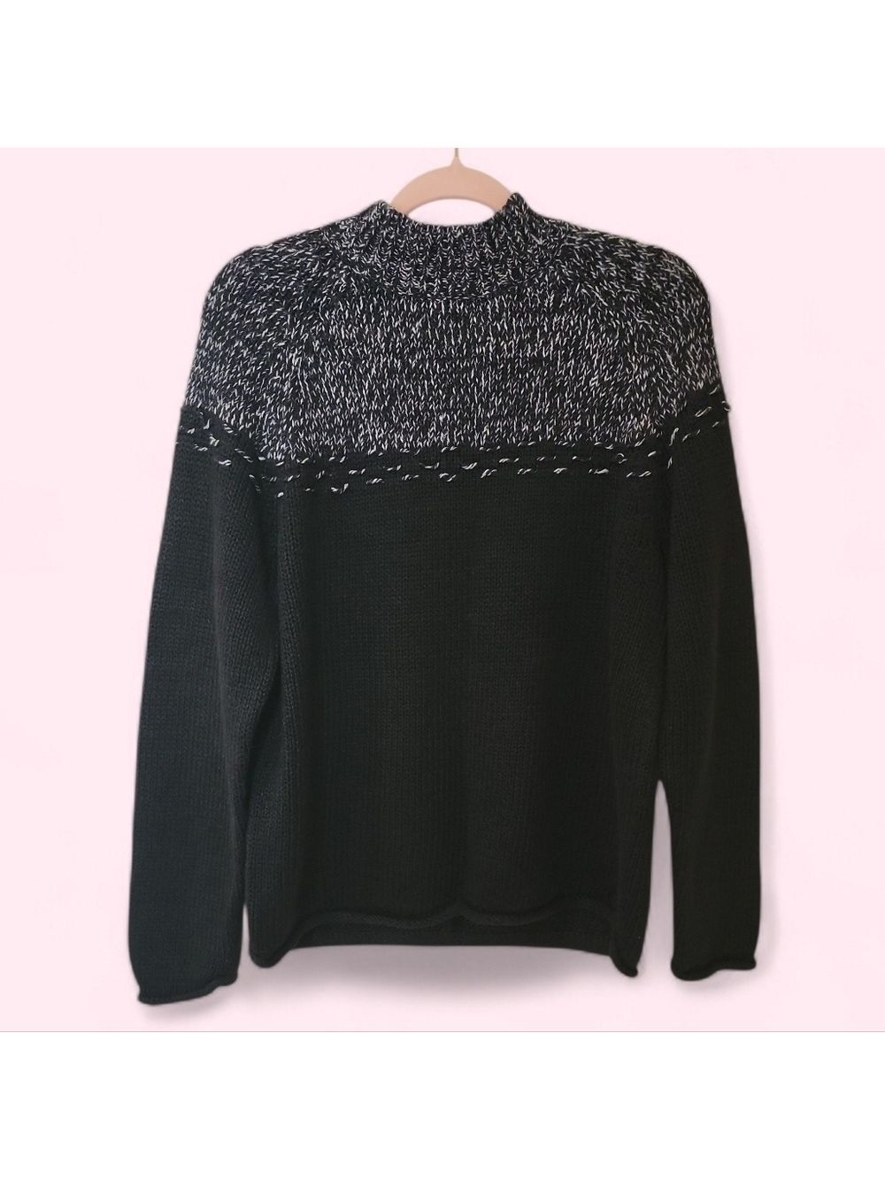 Vintage 90s Danielle Martin Black Marled Fisherman Sweater Ramie Blend Sz Large